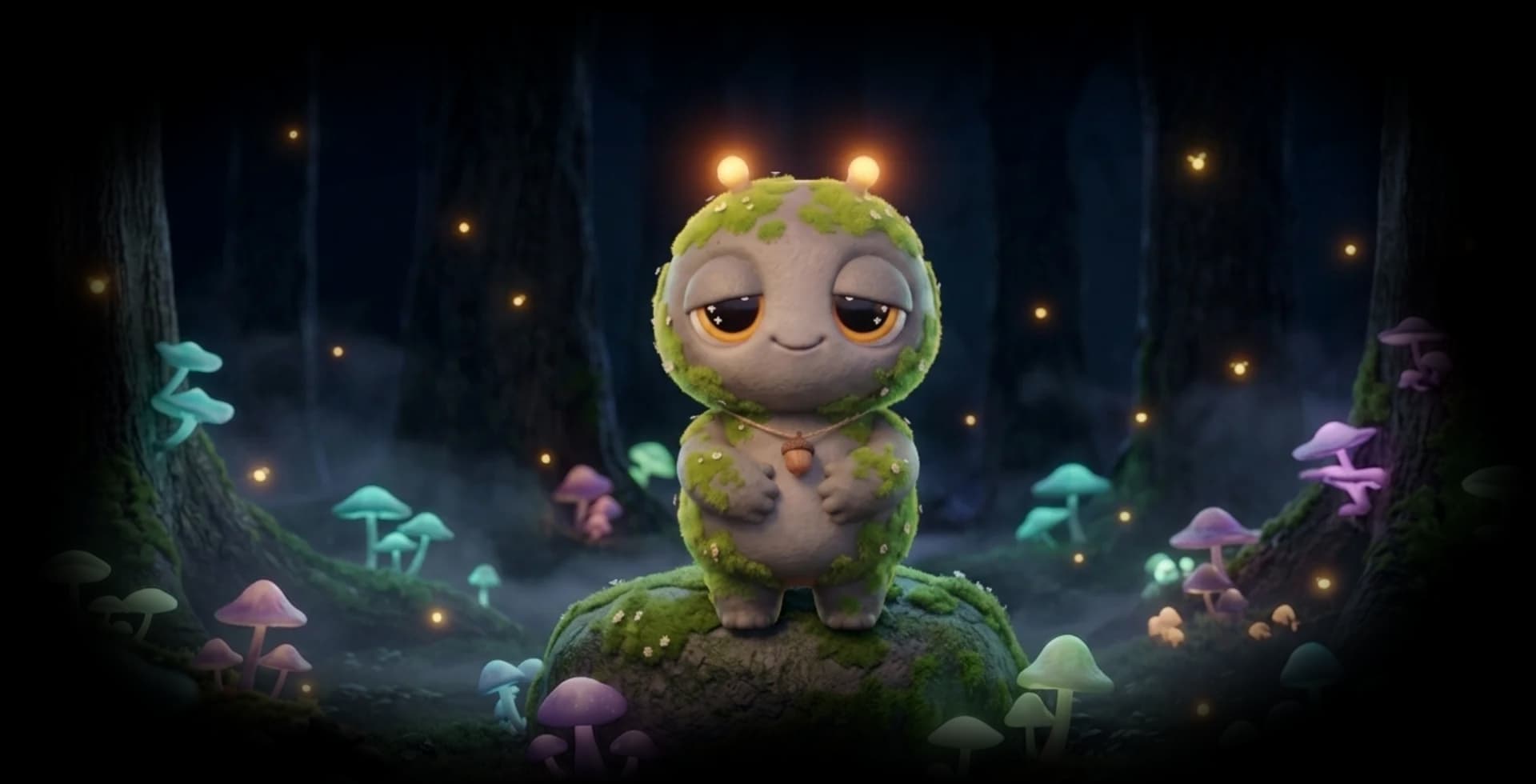 A Kinling standing in a glowing forest of mushrooms and ferns