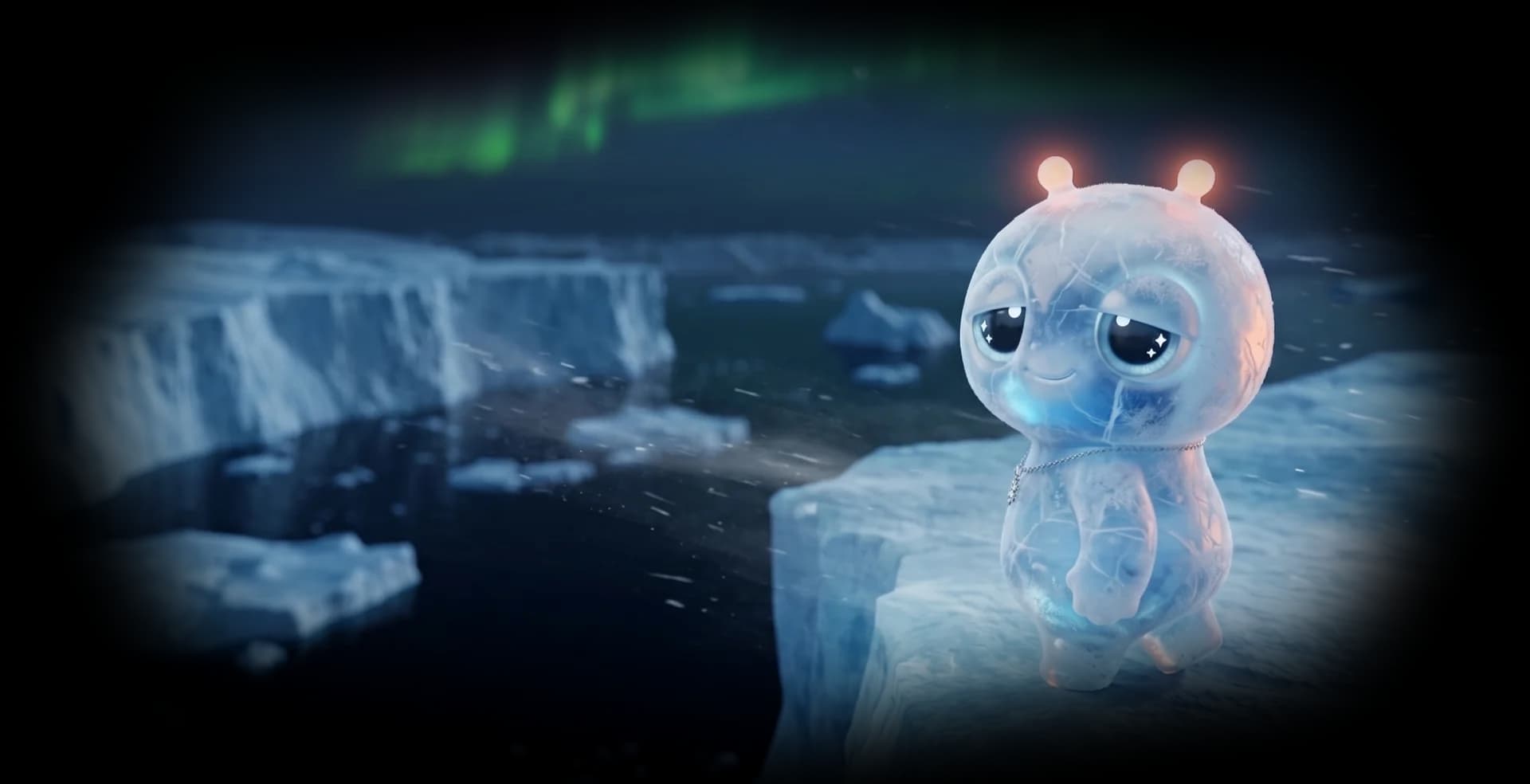 A glowing Kinling alone in a dark icy cave, antennae lit